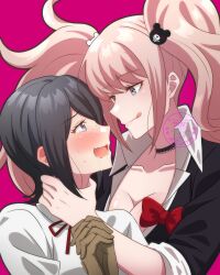 2girls bear_hair_ornament big_hair black_hair black_shirt blonde_hair blue_eyes blue_w_moon blush bow breasts brown_gloves choker cleavage collarbone danganronpa_(series) danganronpa_3_(anime) drooling enoshima_junko eyelashes freckles gloves hair_ornament highres hope&#039;s_peak_academy_school_uniform ikusaba_mukuro incest large_breasts long_hair looking_at_another masochism monokuma multiple_girls neck_ribbon necktie open_mouth pink_background red_bow red_ribbon ribbon school_uniform shirt short_hair siblings sisters sleeves_rolled_up smile strangling sweat tears tongue tongue_out twins twintails wavy_mouth white_necktie yuri