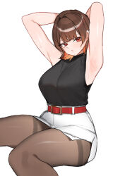 1girl absurdres alternate_costume armpits arms_behind_head arms_up bare_shoulders belt black_shirt black_survival breasts brown_hair brown_pantyhose closed_mouth colored_inner_hair estelle_(black_survival) eternal_return:_black_survival feet_out_of_frame high-waist_skirt highres large_breasts looking_at_viewer medium_hair miniskirt multicolored_hair orange_hair pantyhose pleated_skirt red_eyes see-through_cleavage see-through_clothes shirt shirt_tucked_in side_slit simple_background skirt sleeveless sleeveless_shirt solo sweat thick_thighs thighband_pantyhose thighs tunamayo_(dsasd751) white_background white_skirt