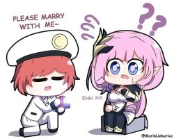 1boy 1girl ? ?? artist_name blue_eyes captain_(honkai_impact) chibi closed_eyes elf elysia_(honkai_impact) elysia_(miss_pink_elf)_(honkai_impact) hair_ornament hetero honkai_(series) honkai_impact_3rd jacket jewelry long_hair long_sleeves marin_liekuriva on_one_knee open_mouth pants pink_hair pointy_ears ponytail red_hair ring second-party_source short_hair simple_background sitting surprised white_background white_jacket white_pants wide-eyed
