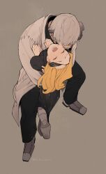 1boy 1girl black_pants black_shirt black_skirt blonde_hair brown_background closed_eyes coat eyepatch franken_stein_(soul_eater) grey_hair happy hetero highres hissiu hug lab_coat lifting_person loafers long_hair long_sleeves marie_mjolnir open_mouth pants shirt shoes short_hair simple_background skirt smile soul_eater standing tears teeth upper_teeth_only white_coat