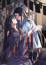 Rule 34 | 2boys, ahoge, arm tattoo, bandaid, bandaid on arm, bishounen, black hair, black hanfu, bound, bound wrists, chinese clothes, chinese text, coat, dated, eye contact, eyelashes, glowing tattoo, grey coat, hair down, hair ribbon, half updo, hand on another&#039;s shoulder, hanfu, highres, holding hands, indoors, kimako (kimako 8), lan wangji, light particles, long hair, long sleeves, looking at another, male focus, modao zushi, multiple boys, neck tattoo, off shoulder, official alternate costume, official alternate hairstyle, ofuda, parted lips, profile, purple eyes, red ribbon, ribbon, ribbon bondage, robe, sidelocks, sitting, string, string of fate, talisman, tassel, tattoo, topknot, twitter username, very long hair, watermark, wei wuxian, wei wuxian (yiling laozu), white hanfu, white ribbon, wide sleeves, wooden wall, xiao guan (headdress), yaoi