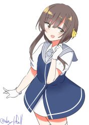 1girl absurdres black_hair blue_dress brown_eyes diagonal-striped_clothes diagonal-striped_necktie dress gloves grey_sailor_collar highres kantai_collection looking_at_viewer necktie one-hour_drawing_challenge open_mouth ribbon robinson_(day_l_full) sailor_collar shirt short_hair short_hair_with_long_locks simple_background solo striped_clothes thighhighs ukuru_(kancolle) white_gloves white_shirt white_thighhighs yellow_ribbon