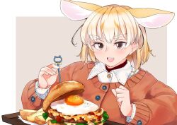 1girl alternate_costume animal_ears blonde_hair blush brown_eyes burger casual collared_shirt egg_(food) extra_ears fang fennec_(kemono_friends) food fox_ears fox_girl kemono_friends kinou_no_shika long_sleeves multicolored_hair open_mouth orange_sweater potato_wedges red_shirt shirt short_hair solo sweater white_hair white_shirt