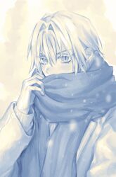 1boy adjusting_scarf alternate_costume blue_scarf coat covered_mouth final_fantasy final_fantasy_vii final_fantasy_vii_ever_crisis haagi123 hair_between_eyes hand_up highres jacket korean_commentary limited_palette looking_at_viewer male_focus scarf sephiroth sephiroth_(ever_crisis) short_hair slit_pupils solo upper_body winter_clothes yellow_background