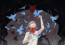 1girl biexuejianzhu bird black_background blood blue_bird chest_tattoo crushing curtains dress grey_eyes grey_hair hand_on_own_chest highres long_hair looking_at_another mili_(band) moon neck_tattoo reaching reaching_towards_another red_moon red_tattoo solo tattoo white_dress