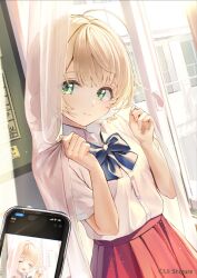 Rule 34 | 1girl, 1other, ahoge, blonde hair, blue bow, blue bowtie, blunt bangs, bow, bowtie, cellphone, classroom, closed mouth, collared shirt, commentary request, curtain grab, curtains, day, green eyes, hair ornament, holding, holding phone, indie virtual youtuber, indoors, kagawa ichigo, looking at viewer, low twintails, official alternate costume, official alternate hairstyle, official art, phone, pleated skirt, pom pom (clothes), pom pom hair ornament, pov, red skirt, school uniform, shigure ui (vtuber), shigure ui (vtuber) (2nd costume), shirt, shirt tucked in, short hair, short sleeves, short twintails, skirt, smartphone, smile, summer uniform, twintails, virtual youtuber, white shirt, window