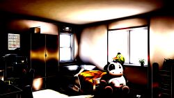 air_conditioner bed bedroom blanket book book_stack bookshelf bowl box cabinet calendar_(object) cardboard_box ceiling chair closet commentary crumpled_paper cup day desk doki_doki_literature_club english_commentary floor game_cg high_contrast highres horror_(theme) house indoors mug no_humans non-web_source official_art overexposure paper pillow plant potted_plant shelf spoilers stuffed_animal stuffed_bird stuffed_cow stuffed_toy sunlight towel velinquent window window_shadow wooden_desk