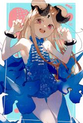 1girl abigail_williams_(fate) abigail_williams_(fgo_fes._2025)_(fate) absurdres blonde_hair blue_dress claw_pose commentary_request curled_horns demon_girl dress fate/grand_order fate_(series) flat_chest highres horns keyhole long_hair looking_at_viewer nasubi_illust open_mouth red_eyes smile strapless strapless_dress tentacles thigh_gap