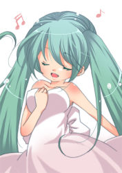 Rule 34 | 1girl, aqua hair, bad id, bad pixiv id, closed eyes, dress, female focus, hand on another&#039;s chest, hand on own chest, hatsune miku, long hair, musical note, ryuuga sazanami, simple background, solo, twintails, vocaloid