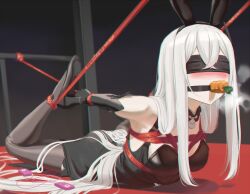 1girl absurdres animal_ears arms_behind_back bare_shoulders bdsm black_dress black_gloves black_leotard black_pantyhose blindfold blush bondage bound breast_bondage breasts cailin020 detached_collar dress drooling echidna_(re:zero) egg_vibrator elbow_gloves fake_animal_ears food_gag gag gloves high_heels highres hogtie leotard long_hair lying on_stomach pantyhose playboy_bunny re:zero_kara_hajimeru_isekai_seikatsu restrained sex_toy shibari shibari_over_clothes small_breasts solo very_long_hair vibrator white_hair