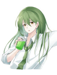 Rule 34 | 1boy, collared shirt, cropped torso, cup, disposable cup, dress shirt, enkephalin (project moon), green hair, green nails, green necktie, lobotomy corporation, long hair, loose necktie, male focus, necktie, netzach (project moon), open collar, ori oriio, parted lips, project moon, shirt, solo, upper body, white shirt