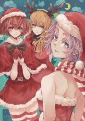 3girls akashi_senju animal_ears antlers bell belt belt_buckle blonde_hair blue_background blue_eyes buckle capelet closed_mouth collar cowboy_shot dress ear_piercing eyelashes fake_animal_ears fake_antlers fake_horns female_focus fur-trimmed_capelet fur-trimmed_dress fur-trimmed_gloves fur_trim gloves hair_between_eyes hand_up hat highres horn horns index_finger_raised interlocked_fingers lips long_hair looking_at_viewer looking_back mole mole_under_mouth multiple_girls neck_bell own_hands_together piercing purple_hair red_capelet red_dress red_eyes red_gloves red_hair red_headwear red_legwear red_scarf reindeer_antlers ribbon sano_emma santa_costume santa_gloves santa_hat scarf short_hair smile socks standing striped_clothes striped_legwear striped_socks tachibana_hinata_(kaguya) thighhighs tokyo_revengers upper_body white_legwear yellow_eyes yoru_shiki