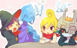 4girls blonde_hair blue_eyes blue_hair cape ciela crossed_arms crossover fairy fi_(zelda) hat head_rest helmet irene_(zelda) long_hair midna multiple_crossover multiple_girls navi neckerchief nintendo orange_hair pointy_ears purple_hair red_eyes short_hair tetra the_legend_of_zelda the_legend_of_zelda:_a_link_between_worlds the_legend_of_zelda:_ocarina_of_time the_legend_of_zelda:_phantom_hourglass the_legend_of_zelda:_skyward_sword the_legend_of_zelda:_the_wind_waker the_legend_of_zelda:_twilight_princess ukata witch_hat