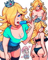 1boy 1girl anger_vein aseprite_(medium) ass black_thighhighs blonde_hair blue_eyes breasts brown_hair cleavage closed_mouth collarbone commentary cowboy_shot crown denim denim_shorts earrings english_commentary facial_hair food from_behind gloves hair_over_one_eye hat heart hetero highres holding holding_food holding_popsicle jewelry long_hair looking_at_viewer looking_back mario_(series) multiple_views mustache naked_towel nintendo open_mouth paid_reward_available pixel_art popsicle rosalina shirt short_sleeves shorts simple_background sitting solo_focus sparkle t-shirt thick_thighs thighhighs thighs tongue tongue_out towel wet white_background white_gloves yumykon