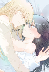 2girls absurdres black_hair blonde_hair blue_eyes blue_shirt blush breasts closed_mouth commentary_request earrings emeguri_y eye_contact highres jewelry large_breasts long_hair looking_at_another multiple_girls off_shoulder original parted_lips red_eyes shirt smile twitter_username white_shirt yuri