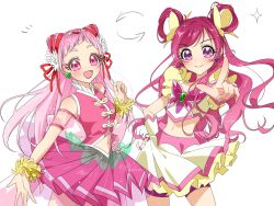 2girls :d alternate_hairstyle arm_up arm_warmers arrow_(symbol) artist_name bare_shoulders bike_shorts_under_skirt blunt_bangs blush breasts brooch butterfly_brooch butterfly_earrings butterfly_hair_ornament clothing_cutout clover_earrings cone_hair_bun cowboy_shot crop_top cure_dream cure_yell detached_sleeves double_bun earrings flower four-pointed_star hair_bun hair_flower hair_ornament hair_ribbon hair_rings hand_on_own_hip heart heart_hair_ornament highres hugtto!_precure jewelry lipstick long_hair magical_girl makeup medium_breasts midriff multiple_girls navel navel_cutout nono_hana notice_lines open_mouth pink_eyes pink_hair pink_shirt pink_skirt pleated_skirt pointing pointing_at_viewer precure puffy_short_sleeves puffy_sleeves purple_eyes purple_shorts red_ribbon ribbon scrunchie shirt short_shorts short_sleeves shorts signature simple_background skirt sleeveless sleeveless_shirt smile star_(symbol) stomach straight_hair swept_bangs thick_eyebrows thick_eyelashes two-tone_arm_warmers wakuno_lemon wavy_hair white_arm_warmers white_background white_skirt wrist_scrunchie yes!_precure_5 yumehara_nozomi