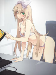 10mo 1girl arm_support blonde_hair bow bra breasts character_request collarbone copyright_request gluteal_fold green_eyes hair_bow highres leaning_forward long_hair looking_at_viewer medium_breasts navel panties seitokai_no_ichizon shiina_mafuyu solo table underwear underwear_only white_bow white_bra white_panties wide_hips