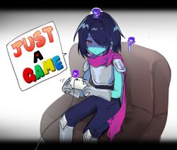 1other armor blue_hair blue_skin breastplate colored_skin commentary controller deltarune deltarunelv english_commentary english_text game_controller hair_over_one_eye heart highres holding holding_controller holding_game_controller kris_(deltarune) leg_armor looking_at_viewer mini_person mini_person_on_head other_focus pink_scarf red_eyes scarf short_hair shoulder_armor sitting solo speech_bubble