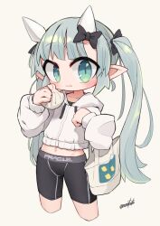 1girl aqua_eyes steamed_bun bike_shorts blush eating flat_chest food grey_hair highres hood hoodie horns long_hair midriff nanatsuta navel original pointy_ears simple_background twintails white_background