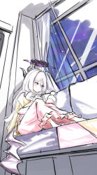 1girl absurdres bat_wings blue_archive couch curtains demon_horns fall_(5754478) highres hina_(blue_archive) hina_(pajamas)_(blue_archive) horns knees_to_chest long_hair nightgown pillow purple_eyes sitting sketch solo white_hair window wings