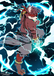 1boy abs absurdres animal_ears artist_name barefoot black_background clenched_hand closed_mouth digitigrade electricity electrokinesis epic_seven furry furry_male hataan_(epic_seven) headband highres male_focus muscular muscular_male red_eyes red_headband topless_male wattyo wolf_boy wolf_ears