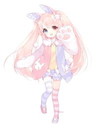 1girl :d animal_ears animal_hands animal_print asymmetrical_footwear asymmetrical_legwear blonde_hair blouse blue_eyes collared_shirt commission eyelashes female_focus full_body heterochromia highres indie_virtual_youtuber kamiru_runa long_hair looking_at_viewer mismatched_footwear mismatched_legwear open_mouth pastel_colors pink_eyes pink_hair rabbit_ears rabbit_paws rabbit_print red_eyes runastark shirt short_shorts shorts simple_background smile solo standing standing_on_one_leg striped_clothes striped_thighhighs swept_bangs thighhighs transparent_background twintails unmoving_pattern very_long_hair virtual_youtuber waving white_background white_shirt