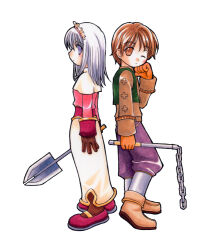 1boy 1girl acolyte_(ragnarok_online) back-to-back boots brown_boots brown_eyes brown_gloves brown_hair brown_shirt capelet chain closed_mouth commentary_request expressionless full_body gloves green_vest grey_hair hiruankou holding holding_chain holding_mace holding_weapon long_sleeves looking_at_viewer mace maid_headdress medium_hair merchant_(ragnarok_online) orange_gloves pants pink_shirt purple_eyes purple_pants ragnarok_online red_shoes shirt shoes short_hair simple_background skirt vest weapon white_background white_capelet white_skirt