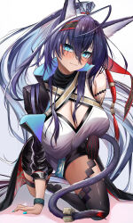 1girl absurdres animal_ears aqua_nails arknights black_gloves black_hair black_jacket black_shorts blaze_(arknights) blaze_the_igniting_spark_(arknights) blue_eyes blush breasts cat_ears cat_tail cleavage closed_mouth gloves hair_between_eyes hairband high_ponytail highres infection_monitor_(arknights) jacket large_breasts light_smile long_hair looking_at_viewer no_shoes open_clothes open_jacket ponytail shirt shorts single_bare_shoulder single_glove single_thighhigh solo tail thigh_strap thighhighs vailtred white_background white_shirt