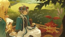 2boys aged_down ahoge akademiya_uniform alhaitham_(genshin_impact) aranara_(genshin_impact) arm_support bag basket blanket blonde_hair blue_flower blush book braid closed_mouth commentary dadadabibadum dated day drawing_(action) english_commentary flower flower_wreath genshin_impact grass green_eyes green_jacket grey_hair hair_over_one_eye hair_over_shoulder happy_birthday head_wreath highres holding holding_pen holding_sketchbook jacket kaveh_(genshin_impact) lily_pad long_hair long_sleeves looking_at_viewer male_focus multiple_boys one_eye_covered open_clothes open_jacket outdoors parted_bangs pen picnic picnic_blanket red_flower robe scroll shade shirt short_hair single_braid sitting sketchbook swept_bangs tree tree_shade water white_robe white_shirt