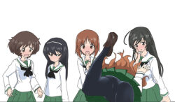 5girls ahoge akiyama_yukari ass black_hair black_pantyhose blush brown_eyes brown_hair cameltoe closed_mouth girls_und_panzer hairband isuzu_hana long_hair looking_at_another mal_(malmlamal) multiple_girls nishizumi_miho ooarai_school_uniform open_mouth pantyhose reizei_mako school_uniform short_hair simple_background takebe_saori tripping white_background