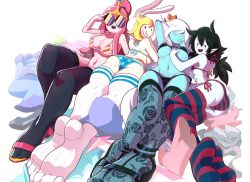 Rule 34 | 4girls, adventure time, animal hood, ass, bikini, black legwear, blonde hair, blue skin, breasts, cartoon network, cleavage, colored skin, crown, fangs, feet, fionna campbell, gashi-gashi, glasses, hood, ice queen (adventure time), lingerie, long hair, lying, marceline abadeer, midriff, multiple girls, navel, on side, open mouth, panties, pantyhose, patterned legwear, pink hair, pink skin, pointy ears, princess bonnibel bubblegum, rabbit hood, red eyes, short hair, simple background, smile, striped legwear, sunglasses, sweat, swimsuit, thighhighs, underboob, underwear, vampire