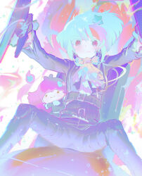 aqua_hair arms_up ascot belt black_jacket black_pants bow bowtie brooch colored_eyelashes hair_ornament halftone highres jacket jewelry km_(ksolee1201) lala_(little_twin_stars) lio_fotia little_twin_stars looking_at_viewer multiple_belts pants pastel_colors promare purple_eyes sanrio shirt short_hair sitting smile star_(symbol) star_brooch star_hair_ornament white_ascot white_bow white_bowtie white_shirt