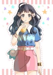 1girl ahoge belt belt_buckle black_eyes black_hair blue_shirt bracelet buckle collared_shirt commentary cowboy_shot cup dawn_(pokemon) denim denim_skirt dotted_line drinking drinking_straw gen_4_pokemon hair_ornament hand_up high-waist_skirt highres holding holding_cup ice ice_cube jewelry juice kohapikalink long_hair looking_at_viewer nintendo orange_juice pachirisu pencil_skirt pink_skirt pokemon pokemon_(creature) pokemon_dppt shirt shirt_tucked_in shirt_under_shirt short_sleeves skirt solo_focus standing star_(symbol) straight-on tail watch wavy_hair white_belt white_shirt wristwatch