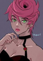 1girl bare_shoulders black_bra black_choker bra breasts choker cleavage collarbone commentary film_grain green_eyes grey_background highres jojo_no_kimyou_na_bouken kogashi17 medium_breasts pink_hair pink_lips pink_nails portrait short_hair solo trish_una twitter_username underwear vento_aureo