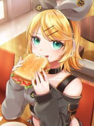 1girl aqua_eyes bacon blonde_hair bow cheese choker commentary crop_top crumbs eating food food_on_face grey_bow grey_shirt hair_bow hair_ornament hairclip headphones highres holding holding_food indoors kagamine_rin lettuce long_sleeves looking_at_viewer nail_polish off-shoulder_shirt off_shoulder project_sekai sandwich shirt short_hair sitting smile solo soramame_pikuto swept_bangs tomato tongue tongue_out vivid_bad_squad_rin vocaloid yellow_nails