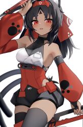 1girl absurdres animal_ears black_hair cat_ears cat_girl cat_tail dark-skinned_female dark_skin detached_sleeves highres looking_at_viewer medium_hair multiple_tails nekomiya_mana red_eyes red_sleeves simple_background solo tail thomas_8000 white_background zenless_zone_zero