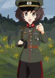 Rule 34 | 1girl, absurdres, akiyama yukari, belt, binoculars, blue sky, brown eyes, brown hair, collar tabs, cowboy shot, cross, fluffy hair, germany, girls und panzer, hat, highres, holding, holding binoculars, iron cross, looking at viewer, military, military dress uniform, military hat, military uniform, mountain, nazi, necktie, peaked cap, pointing, pointing at viewer, reichsadler, short hair, sillynerpa, sky, solo, swastika, twitter username, wehrmacht, world war ii
