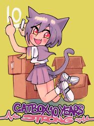 1girl 1her0 animal_ears anniversary box cardboard_box cat_ears cat_girl cat_tail catbox_llc chalk copyright_name fang highres holding holding_chalk kneeling looking_at_viewer looking_back midriff_peek open_mouth pleated_skirt purple_hair purple_shoes red_eyes shirt shoes short_hair short_sleeves skin_fang skirt socks solo tail white_shirt white_socks writing yukari_(catbox)