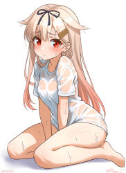 1girl barefoot blonde_hair commentary_request full_body gradient_background hair_flaps hair_ribbon kantai_collection long_hair looking_at_viewer one-hour_drawing_challenge ray.s red_eyes ribbon see-through_clothes shirt simple_background sitting solo wariza wet wet_clothes wet_shirt white_background yuudachi_(kancolle) yuudachi_kai_ni_(kancolle)