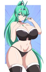 1girl absurdres abysswatchers black_bra black_panties black_thighhighs blue_background blush bra breasts choker cleavage collarbone core_crystal_(xenoblade) green_eyes green_hair green_nails hairband highres horns large_breasts long_hair looking_at_viewer navel nintendo panties pneuma_(xenoblade) polka_dot polka_dot_background ponytail single_horn smile standing thick_thighs thighhighs thighs underwear v wide_hips xenoblade_chronicles_(series) xenoblade_chronicles_2