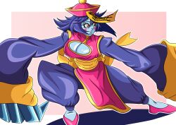 absurdres blue_hair breasts brown_eyes capcom china_dress chinese_clothes darkstalkers dress fighting fighting_stance highres hsien-ko jiangshi jiangshi_costume marvel_vs._capcom nipples non-web_source pink_background simple_background street_fighter_vs._darkstalkers white_background zombie