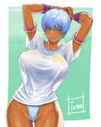 1girl absurdres armlet arms_behind_head arms_up artist_name bikini bikini_bottom_only blue_eyes blue_hair border bracelet breasts character_name closed_mouth commentary_request covered_erect_nipples curvy dark-skinned_female dark_skin earrings elena_(street_fighter) gluteal_fold hair_between_eyes highleg highres hoop_earrings jewelry large_breasts lips looking_at_viewer no_bra outside_border seductive_smile see-through_clothes see-through_silhouette shiny_skin shirt short_hair short_sleeves signature smile solo street_fighter swimsuit t-shirt thick_thighs thighs thong tomo_eokaiteru underwear very_dark_skin wet wet_clothes wet_shirt white_border white_shirt wide_hips