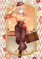 Rule 34 | 1girl, ;d, absurdres, adjusting clothes, adjusting headwear, alternate costume, aqua eyes, boots, briefcase, brown boots, brown hakama, brown hat, commentary request, egasumi, floral print, floral print kimono, full body, grin, hair ornament, hairclip, hakama, hat, highres, hinoshita kaho, holding, holding briefcase, japanese clothes, kimono, lace-up boots, leg up, link! like! love live!, long sleeves, looking at viewer, love live!, one eye closed, open mouth, orange background, orange hair, orange kimono, outside border, print kimono, satolive20, smile, solo, tilted headwear, virtual youtuber, yagasuri