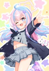 absurdres ahoge black_jacket black_neckerchief blue_archive blue_hair blush grey_shirt grey_skirt hair_ornament highres jacket loli low_twintails midriff multicolored_hair neckerchief one_eye_closed open_clothes open_jacket open_mouth pink_hair pleated_skirt purple_eyes purple_shoes reisa_(blue_archive) shirt shoes skirt socks sparkling_eyes star_(symbol) star_hair_ornament striped_clothes striped_socks twintails uro30