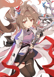 1girl ahoge animal_ears arknights bad_anatomy bad_hands black_skirt brown_hair brown_pantyhose coat coat_on_shoulders eyjafjalla_(arknights) eyjafjalla_the_hvit_aska_(arknights) feet_out_of_frame goat_ears goat_girl goat_horns highres holding holding_staff horns id_card jumping lab_coat light_smile looking_at_viewer open_mouth pantyhose pink_eyes purple_shirt red_ribbon ribbon shiduki_eku shirt side_ponytail sketch skirt solo staff torn_clothes torn_pantyhose white_coat
