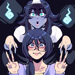 2girls aqua_eyes bags_under_eyes black_hair blue_fire borrowed_character butter_sugoi commentary double_v fire glasses grey_nails hair_over_shoulder mole mole_under_mouth multiple_girls original ponytail purple_eyes purple_nails second-party_source sweatdrop trembling triangular_headpiece v