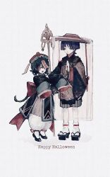 1boy 1girl alternate_costume artist_self-insert bead_necklace beads black_eyes black_footwear black_hair black_kimono black_shorts black_sleeves blunt_ends bow brown_hat china_dress chinese_clothes closed_mouth double_water_ss dress eyeliner eyeshadow fang genshin_impact geta green_hat hakama hakama_shorts halloween halloween_costume han&#039;eri happy_halloween hat hat_ornament highres ichimegasa japanese_clothes jewelry jiangshi jiangshi_costume kariginu kesa kimono large_bow layered_clothes layered_kimono layered_sleeves long_hair looking_at_viewer low-braided_long_hair low-tied_long_hair makeup monk necklace ofuda ofuda_on_head one_eye_closed open_mouth original outstretched_arms pants pelvic_curtain qingdai_guanmao red_bow red_eyeliner red_eyes red_eyeshadow red_hat red_sleeves scaramouche_(genshin_impact) shakujou shoes short_hair shorts sleeves_past_fingers sleeves_past_wrists socks staff standing tabi talisman tongue two-tone_hat veil white_background white_footwear white_pants white_socks white_veil wide_sleeves zombie_pose