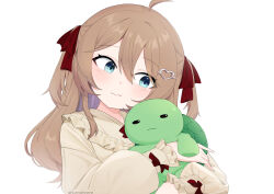1girl ahoge animal blue_eyes brown_hair closed_mouth collared_shirt hair_between_eyes hair_ribbon hashtag-only_commentary highres holding holding_animal indie_virtual_youtuber lendivere long_hair long_sleeves looking_to_the_side neuro-sama red_ribbon ribbon shirt simple_background smile turtle two_side_up upper_body vedal987 virtual_youtuber white_background