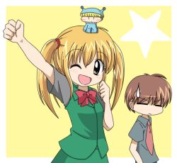 Rule 34 | 1girl, 2boys, arm up, blonde hair, blunt bangs, blush stickers, border, bow, bowtie, brown hair, clenched hand, commentary request, green vest, mikan imo, minami kaede, mini person, miniboy, mirumo, mirumo de pon!, multiple boys, necktie, on head, one eye closed, setsu yuuki, short sleeves, sidelocks, star (symbol), twintails, vest, white border, yellow background