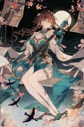 bare_shoulders bead_necklace beads bird black_bird branch breasts brown_hair cherry_blossoms china_dress chinese_clothes cleavage collar detached_collar detached_sleeves dress earrings falling_petals floating_hair flower flower_knot flower_ornament full_moon gem gloves green_collar green_dress green_eyes green_footwear green_gloves hair_intakes hair_ornament highres holding holding_instrument honkai:_star_rail honkai_(series) instrument jewelry lattice leg_tattoo long_hair looking_at_viewer medium_breasts moon necklace night night_sky outdoors pearl_earrings pearl_necklace petals pink_flower pink_petals red_gemstone ruan_mei_(honkai:_star_rail) sitting sky strapless strapless_dress swallow_(bird) tassel tattoo thigh_strap thighs wind xu_carman
